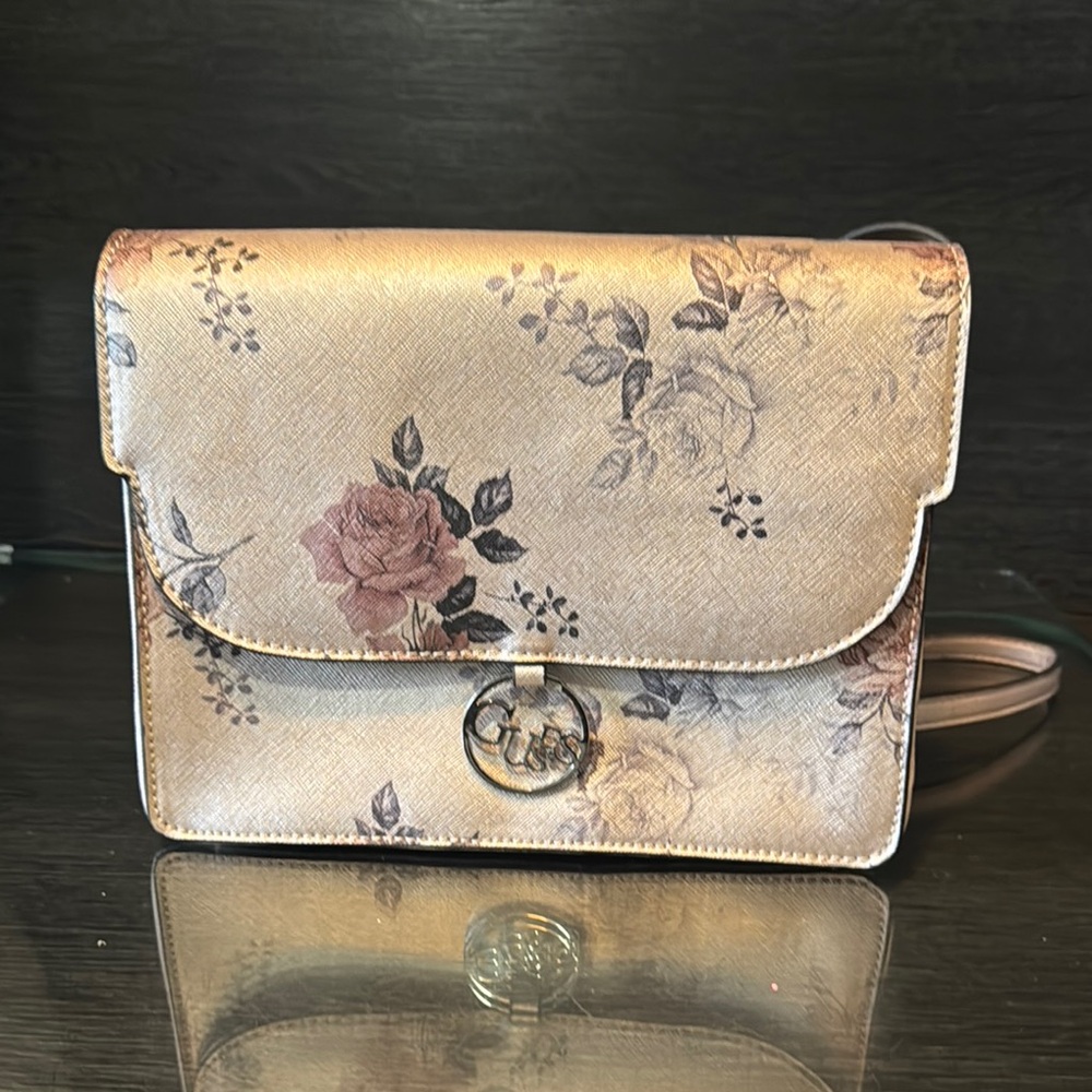 Guess Tan and Pink Crossbody Bag with Floral Design